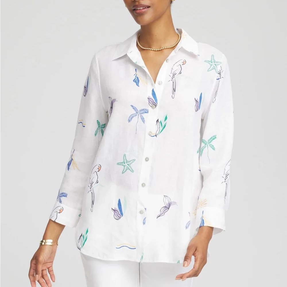 Chico's White Tropical Print Button Down Shirt